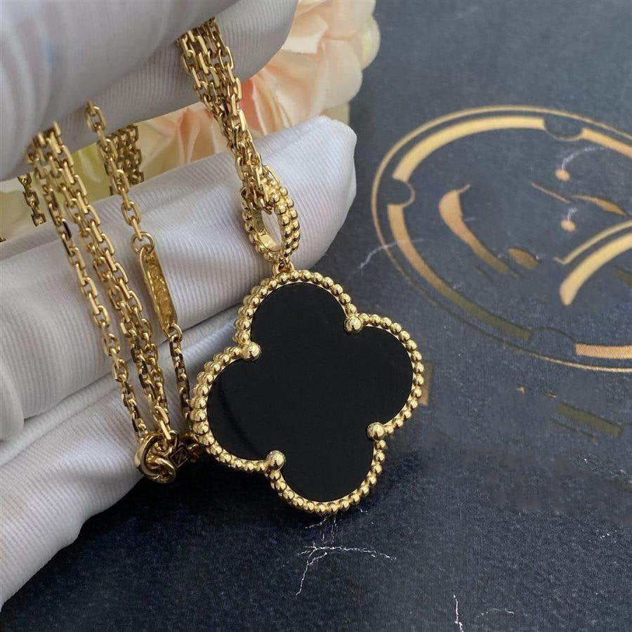 [Leaves]CLOVER 25MM GOLD ONYX BIG CLOVER NECKLACE