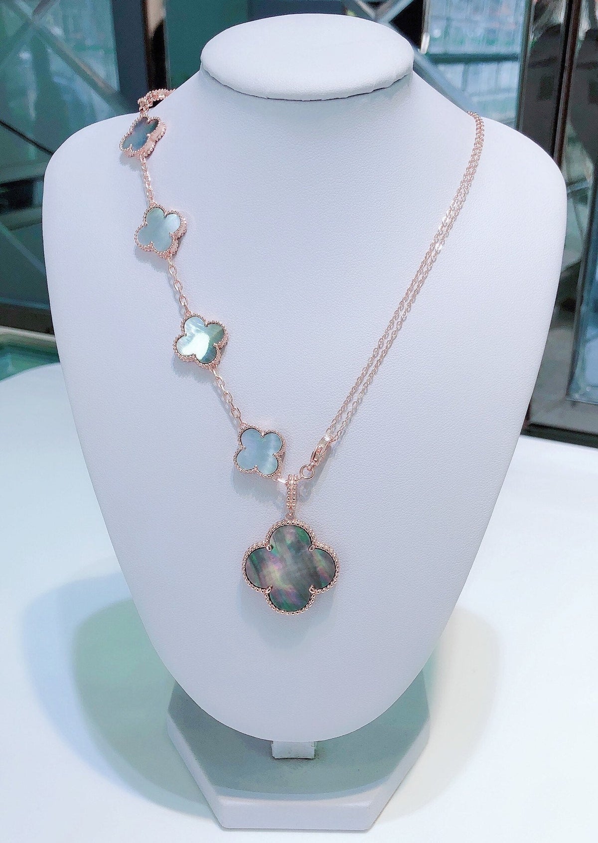 [Leaves]COMBINED BRACELET 5 MOTIFS AND NECKLACE DARK MOP ROSE GOLD
