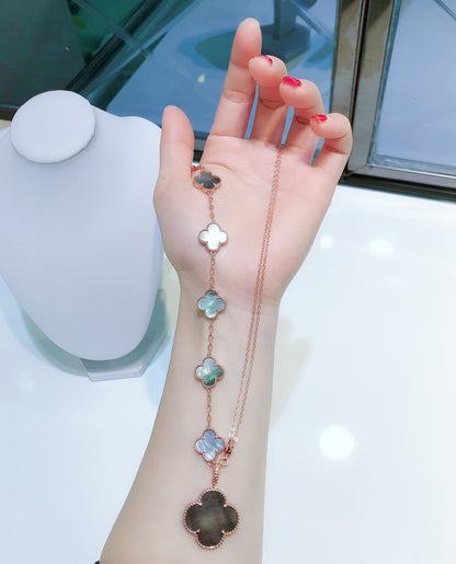 [Leaves]COMBINED BRACELET 5 MOTIFS AND NECKLACE DARK MOP ROSE GOLD