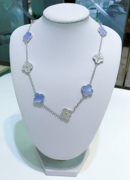 [Leaves]CLOVER 10 MOTIFS CHALCEDONY DIAMONDS SILVER NECKLACE