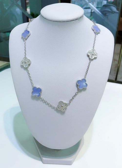 [Leaves]CLOVER 10 MOTIFS CHALCEDONY DIAMONDS SILVER NECKLACE