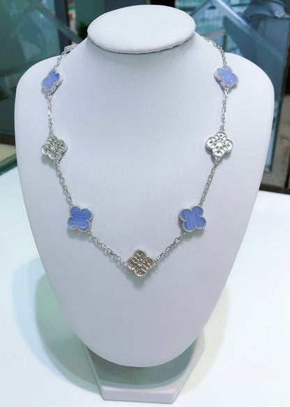 [Leaves]CLOVER 10 MOTIFS CHALCEDONY DIAMONDS SILVER NECKLACE