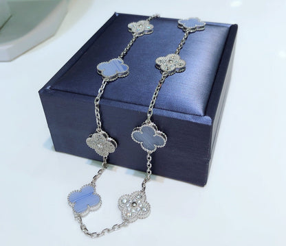 [Leaves]CLOVER 10 MOTIFS CHALCEDONY DIAMONDS SILVER NECKLACE