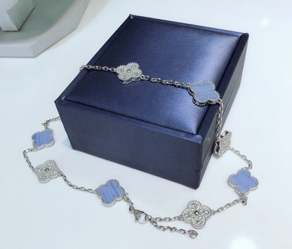 [Leaves]CLOVER 10 MOTIFS CHALCEDONY DIAMONDS SILVER NECKLACE