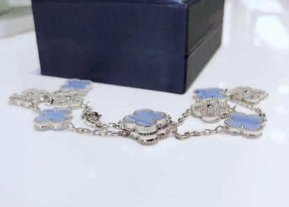 [Leaves]CLOVER 10 MOTIFS CHALCEDONY DIAMONDS SILVER NECKLACE