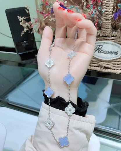 [Leaves]CLOVER 10 MOTIFS CHALCEDONY DIAMONDS SILVER NECKLACE