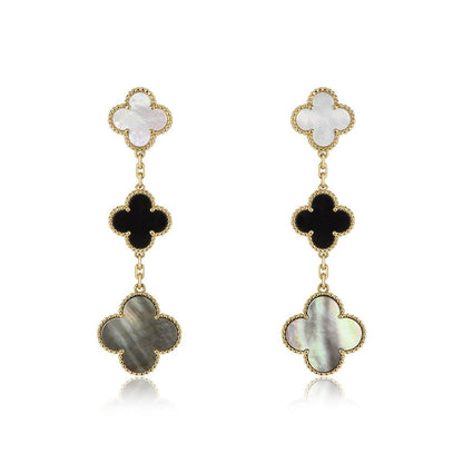 [Leaves]CLOVER EARRINGS GOLD ONYX MOP 3 MOTIF