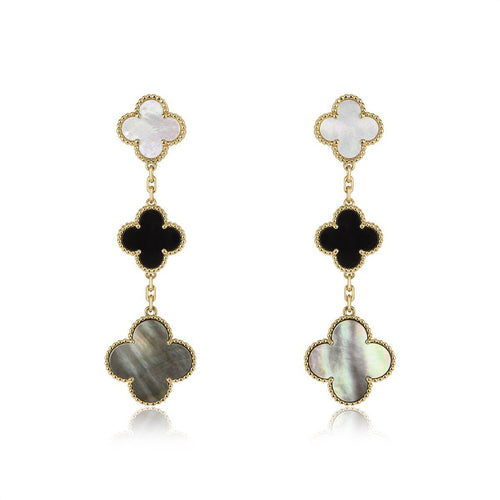 [Leaves]CLOVER EARRINGS GOLD ONYX MOP 3 MOTIF